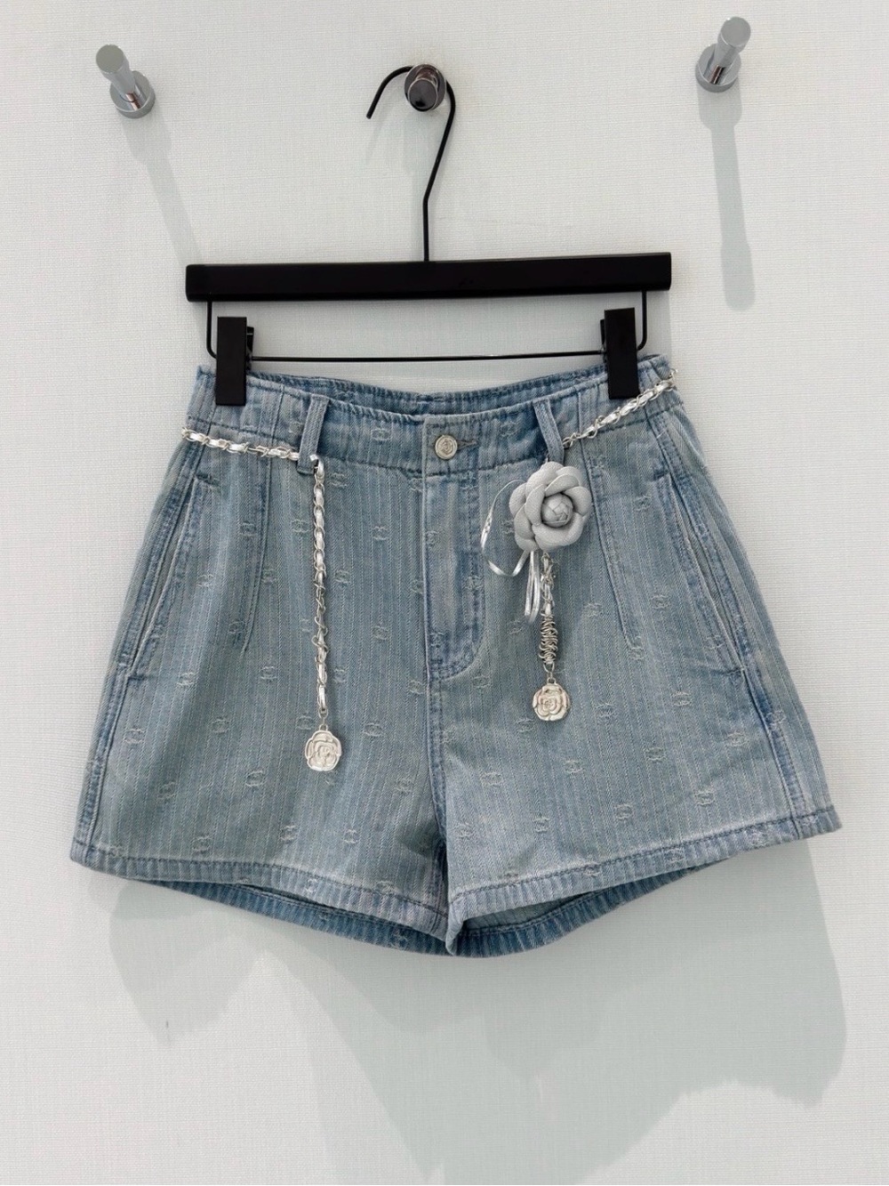 CHANEL Light Blue Distressed Denim Jean Shorts with Silver Chain